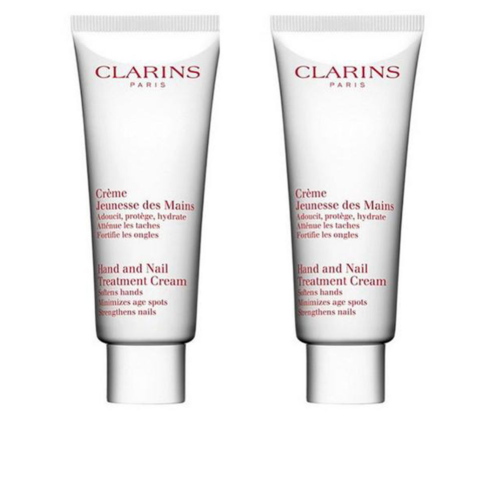 ClarinsYouthHandandNailTreatmentCream2x100ml Box of Clarins Youth Hand and Nail Treatment Cream by Clarins, a cream indicated for hydrating hands and strengthening nails.