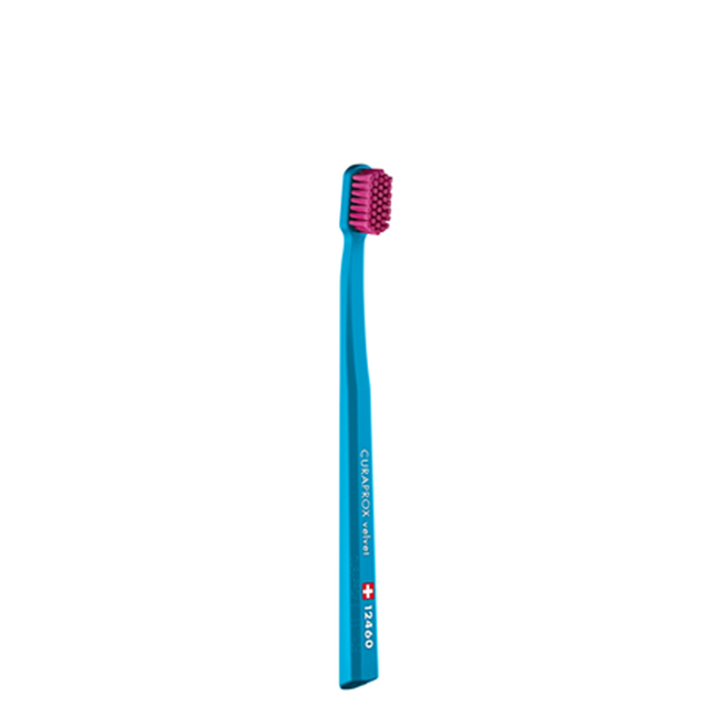 CuraproxCS12460VelvetToothbrush Product container of Curaprox CS12460 Velvet Toothbrush by Curaprox, a soft toothbrush indicated for sensitive teeth and gums.