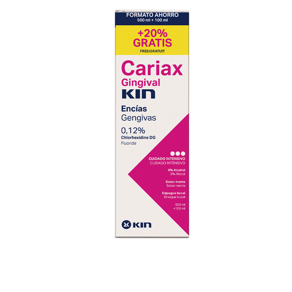 KinCariaxGingivalMouthwash600ml Bottle of Kin Cariax Gingival Mouthwash 600ml by Kin, a liquid mouthwash indicated for fighting dental biofilm and tartar.