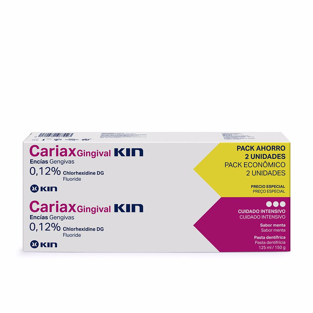 KinCariaxGingivalToothpasteSet2x125ml Box of Kin Cariax Gingival Toothpaste Set by Kin, a toothpaste indicated for fighting dental biofilm and protecting gums.