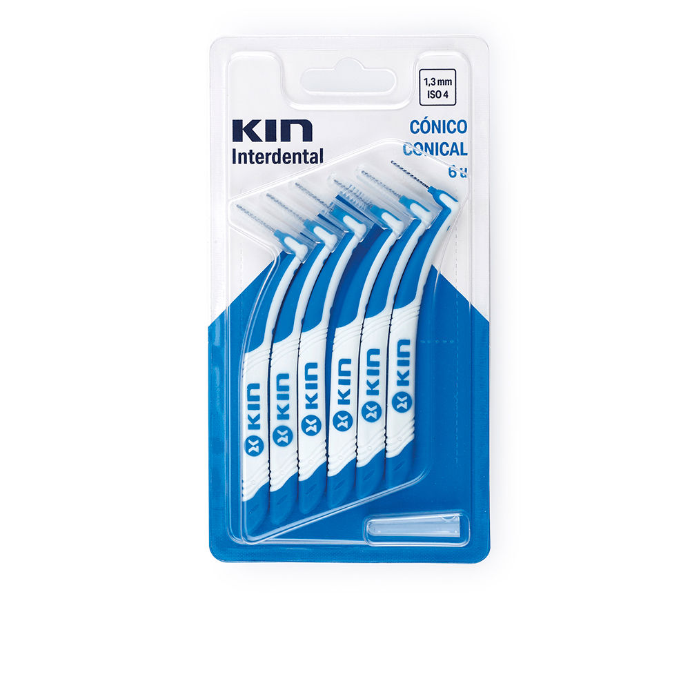 KinInterdentalConicalBrush1 Box of Kin Interdental Conical Brush 1,3mm x6 by Kin, a conical brush indicated for cleaning tight interdental spaces.