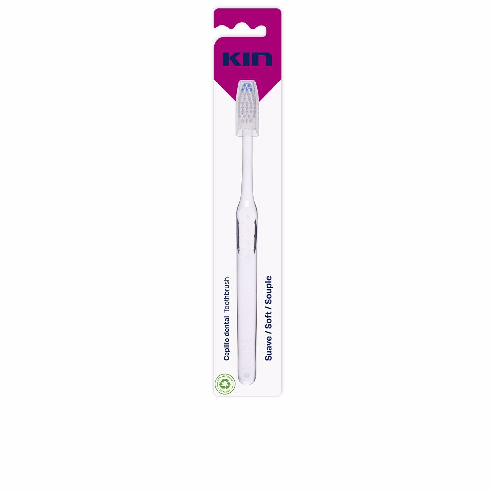 KinSoftToothbrush Product container of Kin Soft Toothbrush by Kin, a soft toothbrush indicated for daily oral hygiene and plaque removal.