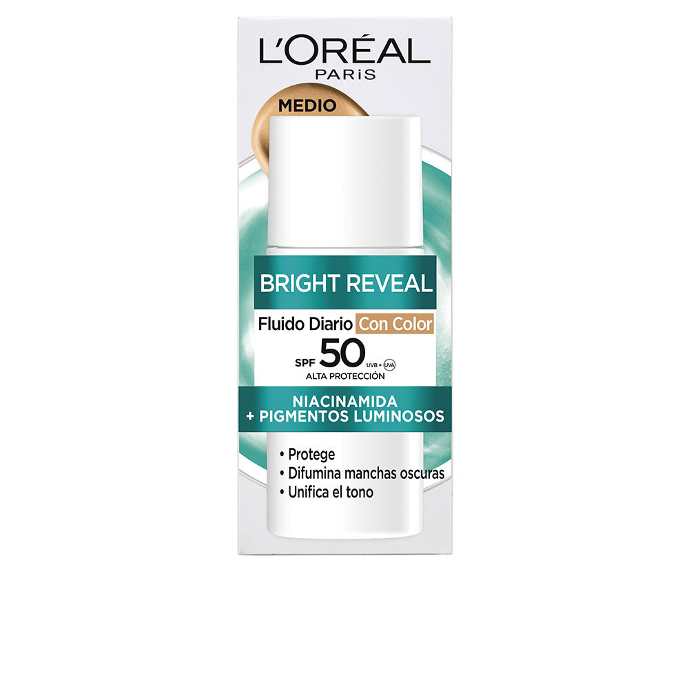 L'OréalBrightRevealNiacinamideDailyFluidSPF50MediumTone50ml Bottle of LOréal Bright Reveal Niacinamide Daily Fluid SPF50 Medium Tone 50ml by LOréal, a fluid indicated for dark spots.