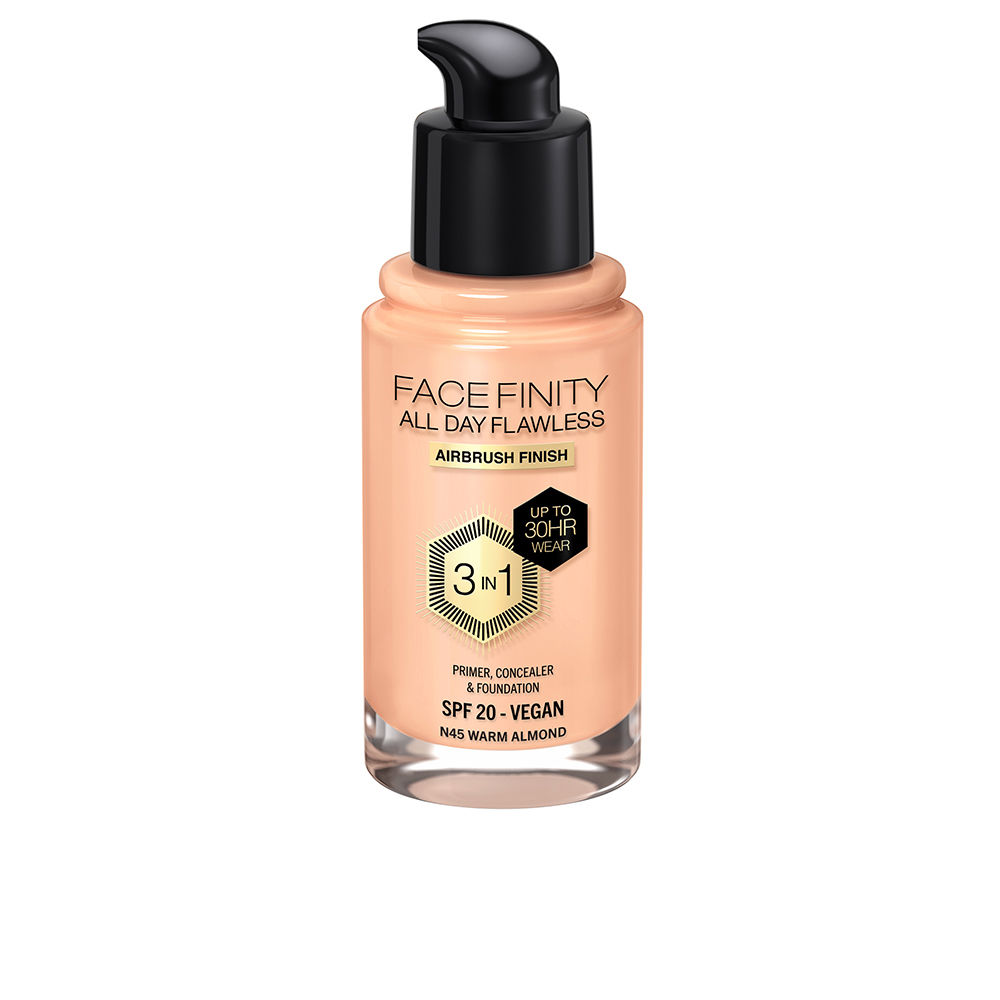 MaxFactorFacefinityAllDayFlawless3In1FoundationColorN45WarmAlmond30ml Max Factor Facefinity All Day Flawless 3 In 1 Foundation Color N45 Warm Almond 30ml - Image 1