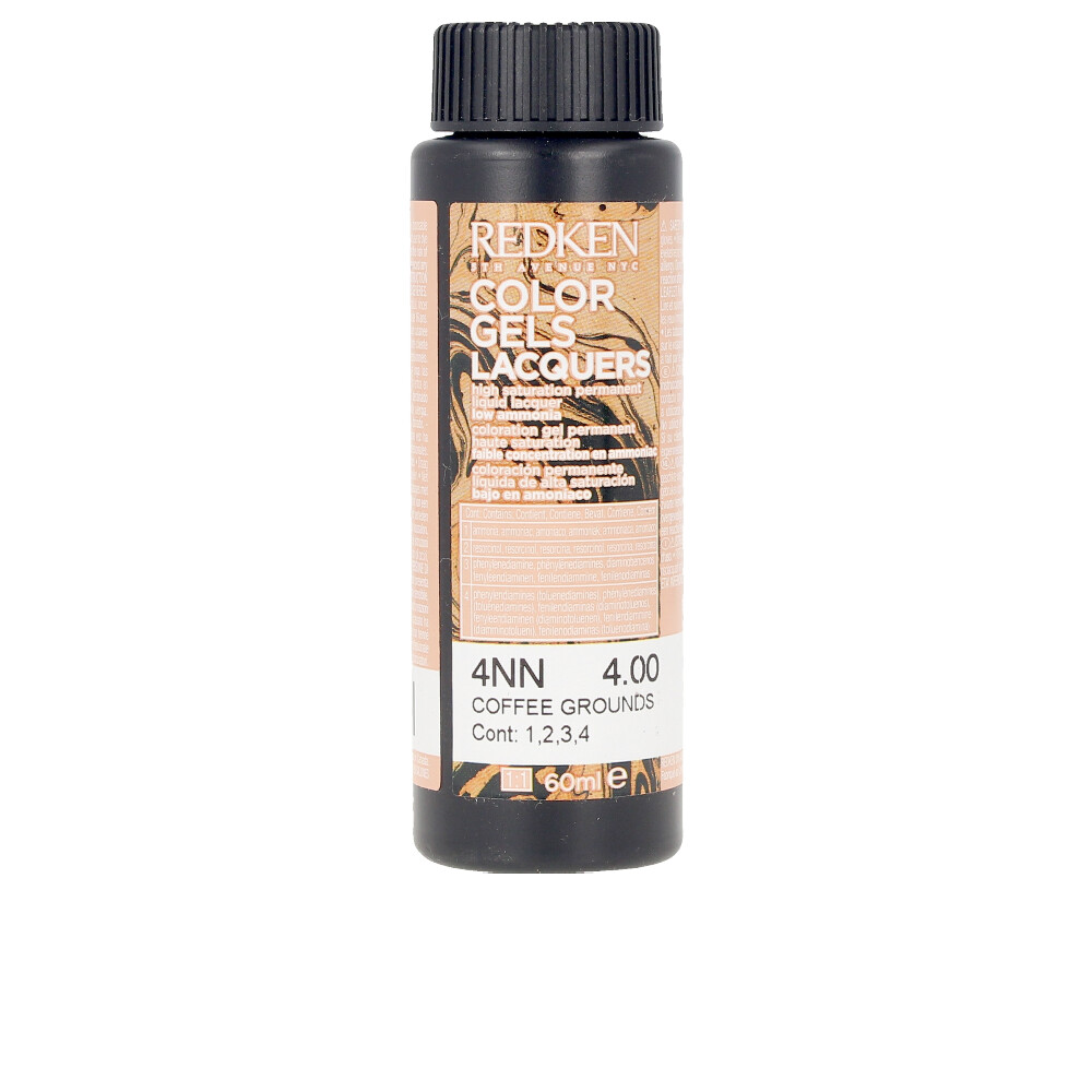 RedkenColorGelsLacquersColor4NNCoffeeGrounds60ml Product container of Redken Color Gels Lacquers by Redken, a liquid lacquer indicated for high saturation hair color.