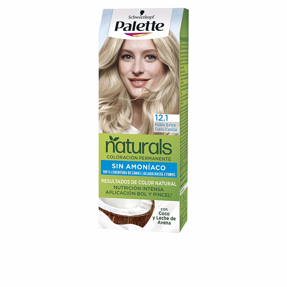 SchwarzkopfPaletteNaturalPermanentHairColor12.1ExtraLightAshBlonde Box of Schwarzkopf Palette Natural Permanent Hair Color by Schwarzkopf, a hair color indicated for natural reflections and gray coverage.