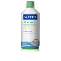 Bottle  of  Vitis  Aloe  Vera  Mouthwash  by  Vitis,  a  liquid  mouthwash  indicated  for  caries  prevention  and  oral  hygiene.