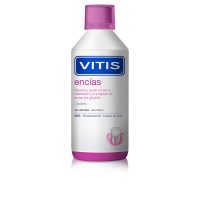 Bottle  of  Vitis  Gums  Mouthwash  by  Vitis,  a  liquid  mouthwash  indicated  for  treating  gum  inflammation  and  gingivitis.