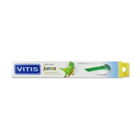 Product  container  of  Vitis  Junior  Toothbrush  by  Vitis,  a  soft  toothbrush  indicated  for  children  over  6  years  old.