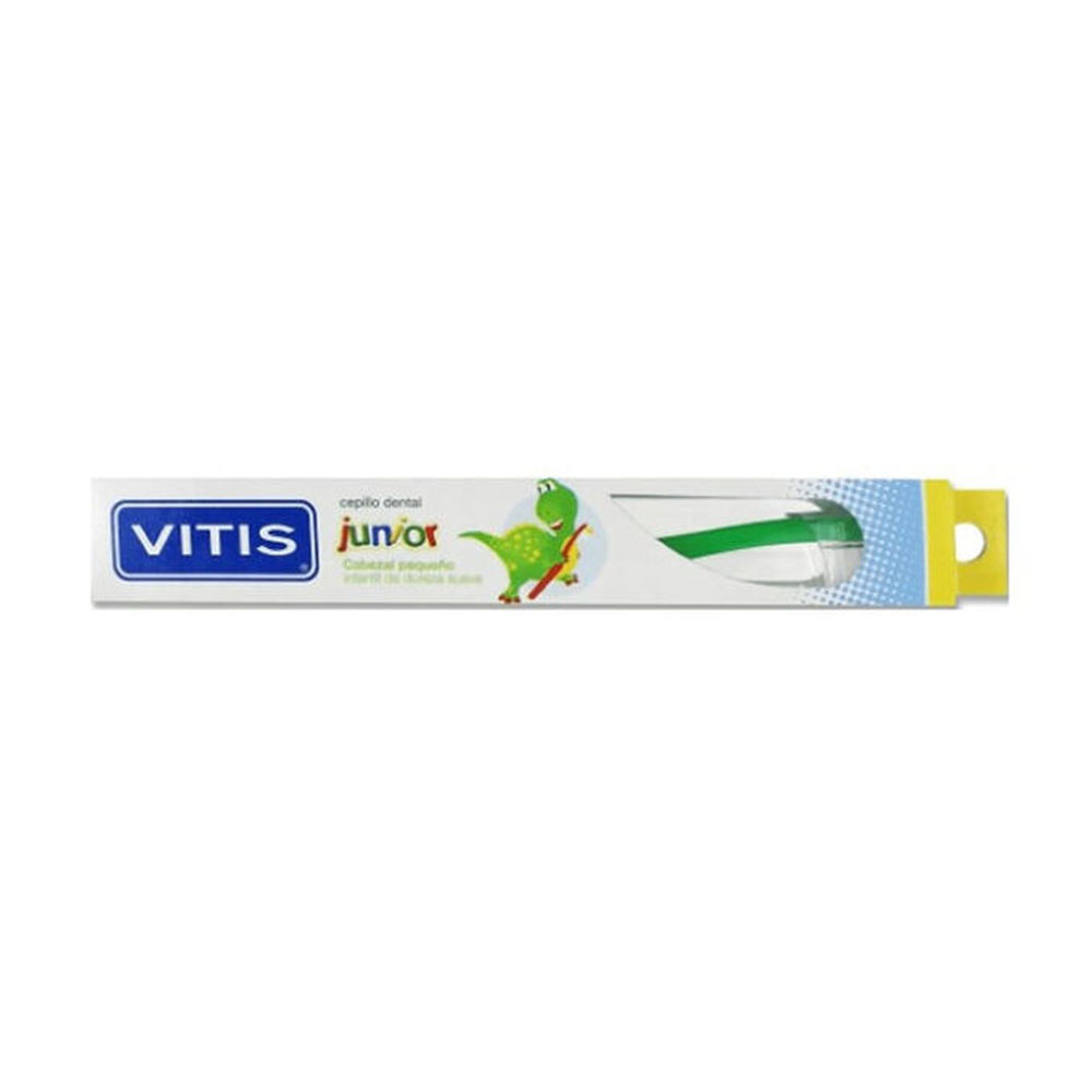 VitisJuniorToothbrush Product container of Vitis Junior Toothbrush by Vitis, a soft toothbrush indicated for children over 6 years old.