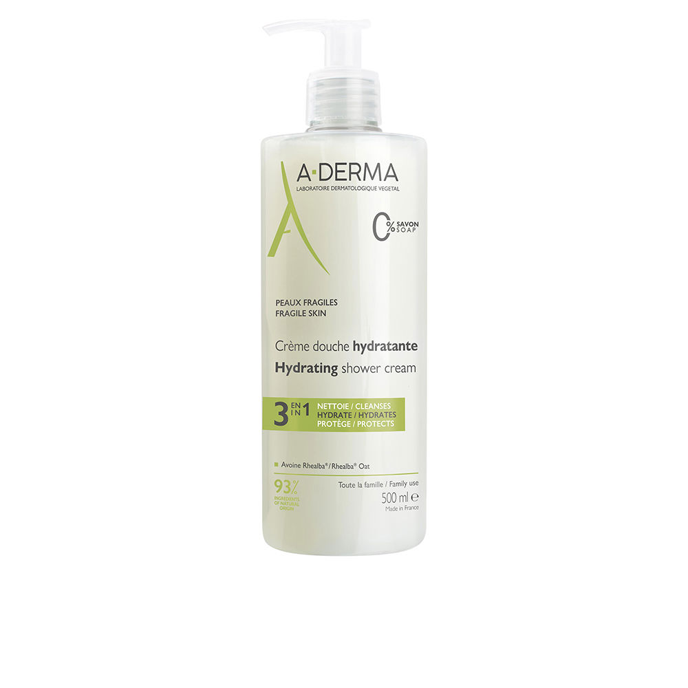 A-DermaHydratingShowerCream500ml Bottle of A-Derma Hydrating Shower Cream by A-Derma, a shower cream indicated for cleansing and moisturizing delicate skin.