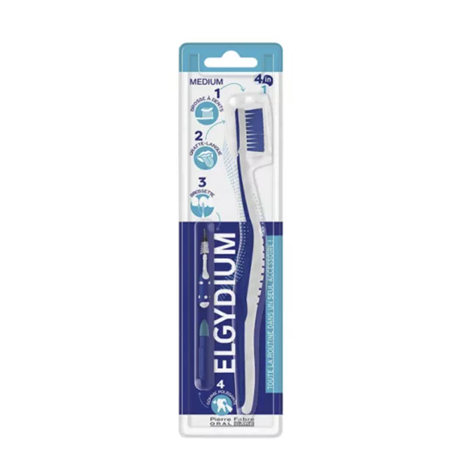 Elgydium4-in-1MediumToothbrush Product container of Elgydium 4-in-1 Medium Toothbrush by Elgydium, a medium toothbrush indicated for removing plaque and surface stains.