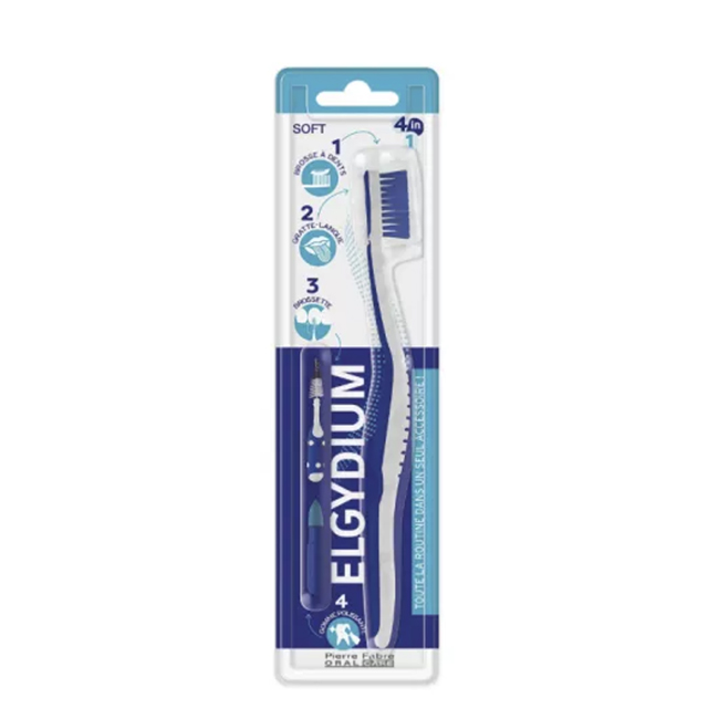 Elgydium4-in-1SoftToothbrush Product container of Elgydium 4-in-1 Soft Toothbrush by Elgydium, a soft toothbrush indicated for cleaning sensitive teeth and gums.