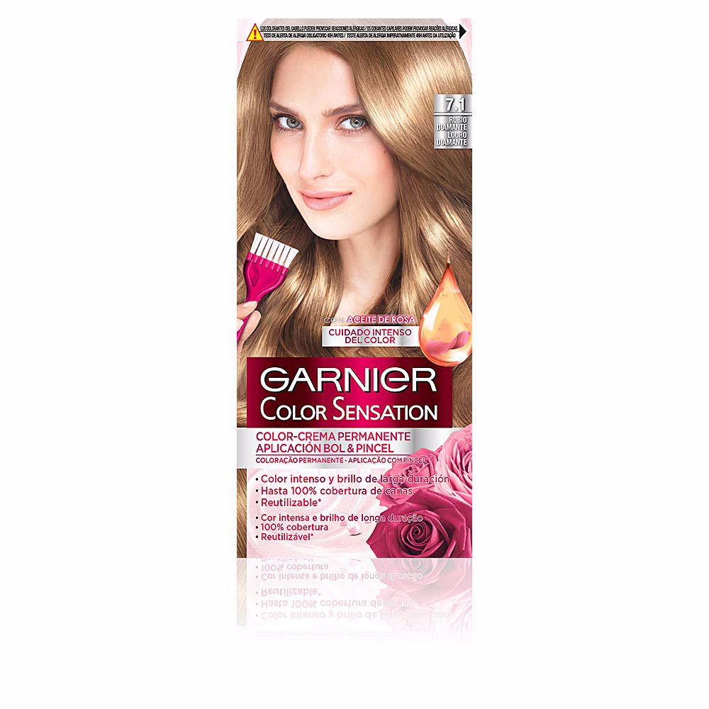GarnierColorSensationPermanentHairColor7.1DiamondBlonde110g Box of Color Sensation Permanent Hair Color 7.1 Diamond Blonde by Garnier, a hair dye indicated for gray hair coverage.