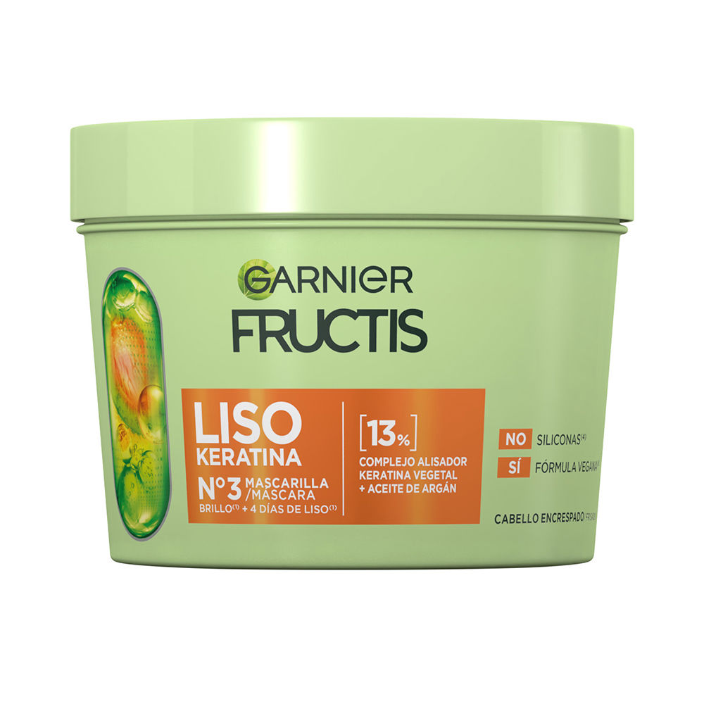 GarnierFructisNº3SmoothKeratinMask370ml Jar of Fructis Nº3 Smooth Keratin Mask by Garnier, a hair mask indicated for controlling frizz and boosting shine.