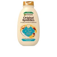 Bottle  of  Original  Remedies  Argan  Elixir  Shampoo  by  Garnier,  a  nourishing  shampoo  indicated  for  very  dry,  dull  hair.