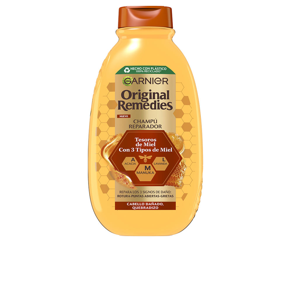 GarnierOriginalRemediesHoneyTreasuresShampoo400ml Bottle of Garnier Original Remedies Honey Treasures Shampoo by Garnier, a shampoo indicated for repairing damaged hair.
