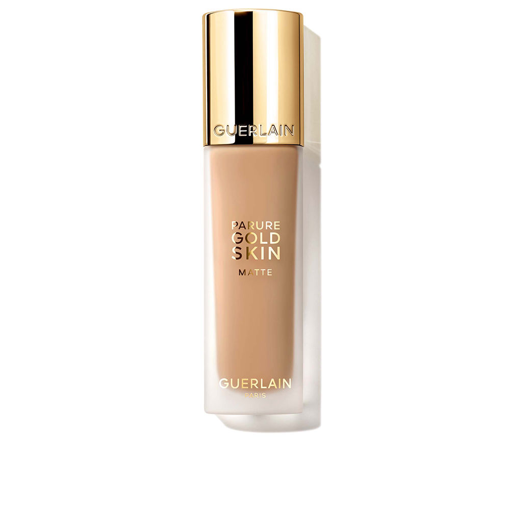 GuerlainParureGoldSkinMatteMakeUpColor4N Bottle of Guerlain Parure Gold Skin Matte Make Up by Guerlain, a foundation indicated for a luminous matte complexion.