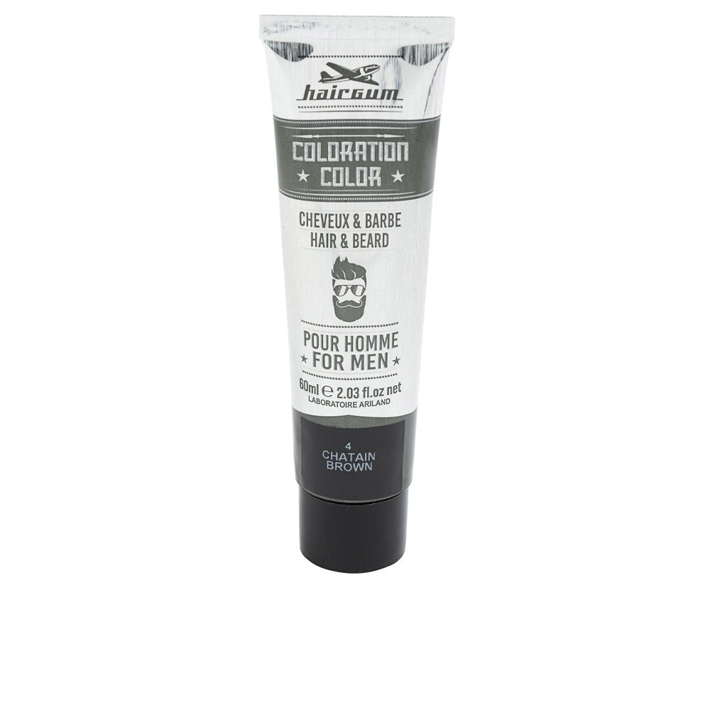 HairgumColorationHairandBeardColor4Chestnut60g Product container of Hairgum Coloration Hair and Beard Color 4 Chestnut by Hairgum, a demi-permanent dye indicated for grey hair.