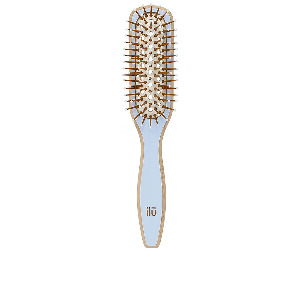 IlūBamboomSlimBrush Product container of Ilū Bamboom Slim Brush by Ilū Bamboom, a bamboo brush indicated for detangling and smoothing hair.