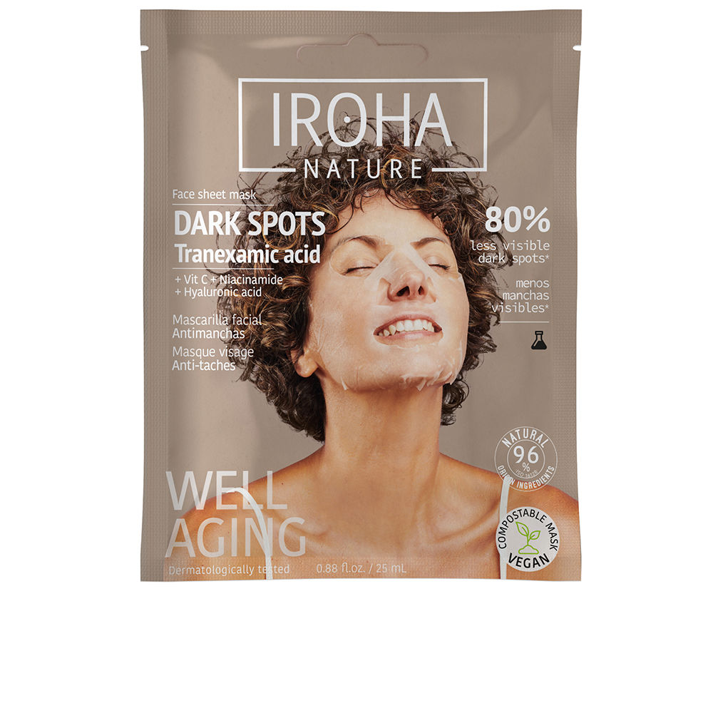 IrohaDarkSpotsWellAgingSkinFacialMask Sachet of Iroha Dark Spots Well Aging Skin Facial Mask by Iroha, a sheet mask indicated for reducing dark spots and wrinkles.
