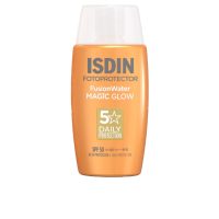 Bottle  of  Isdin  Fotoprotector  Fusion  Water  Magic  Glow  SPF50  by  Isdin,  a  sunscreen  indicated  for  high  sun  protection  and  glow.