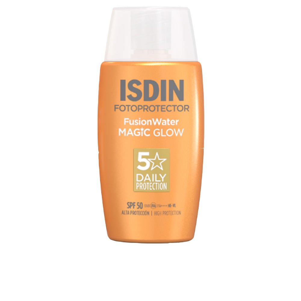IsdinPhotoprotectorFusionWaterMagicGlowSPF5050ml Bottle of Isdin Fotoprotector Fusion Water Magic Glow SPF50 by Isdin, a sunscreen indicated for high sun protection and glow.