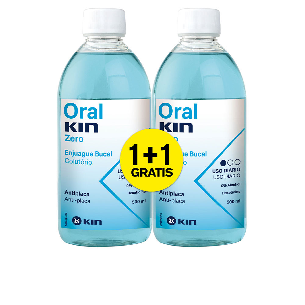 KinOralkinZeroMouthwashSet2x500ml Bottle of Kin Oralkin Zero Mouthwash Set by Kin, a liquid mouthwash indicated for protecting against bacterial plaque and oral hygiene.