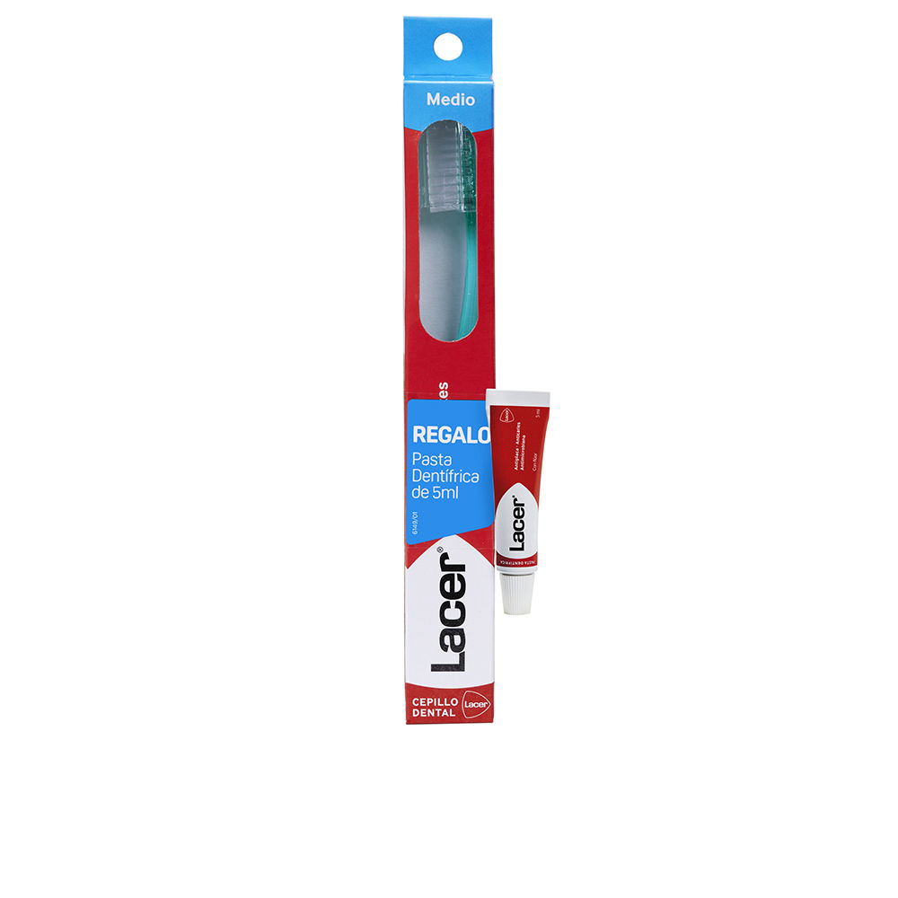 LacerMediumToothbrushSetwithToothpaste Box of Medium Toothbrush Set with Toothpaste by Lacer, a dental kit indicated for gentle and effective oral care.