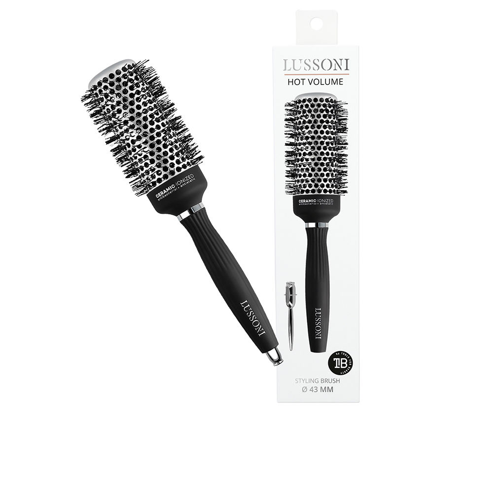 LussoniHotVolumeStylingBrush43mm Product container of Lussoni Hot Volume Styling Brush 43mm by Lussoni, a thermal brush indicated for lifting hair at the roots.