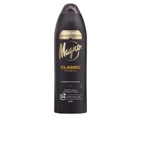 Bottle  of  Magno  Classic  Shower  Gel  by  Magno,  a  creamy  shower  gel  indicated  for  gently  cleansing  and  hydrating  the  skin.