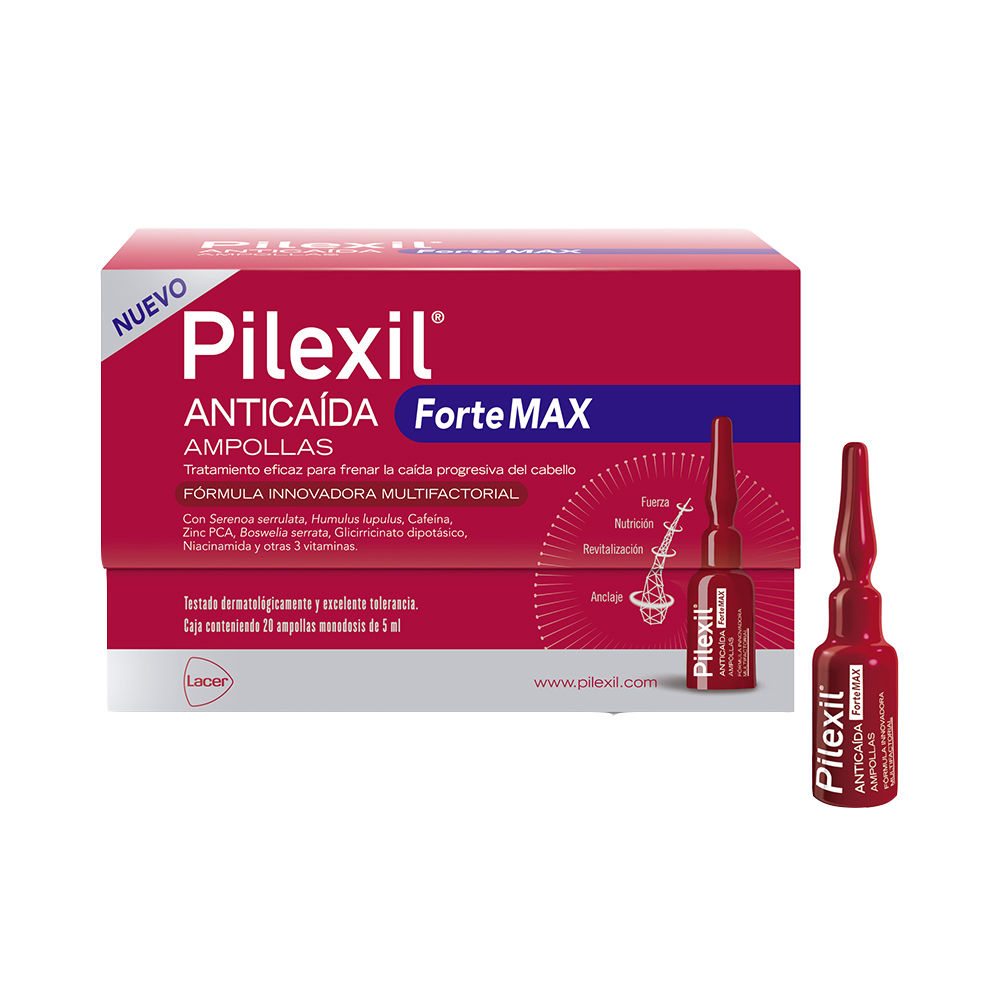 PilexilForteMaxAnti-HairLossAmpoules20x5ml Box of Pilexil Forte Max Anti-Hair Loss Ampoules by Pilexil, a hair treatment indicated for stopping severe hair loss.