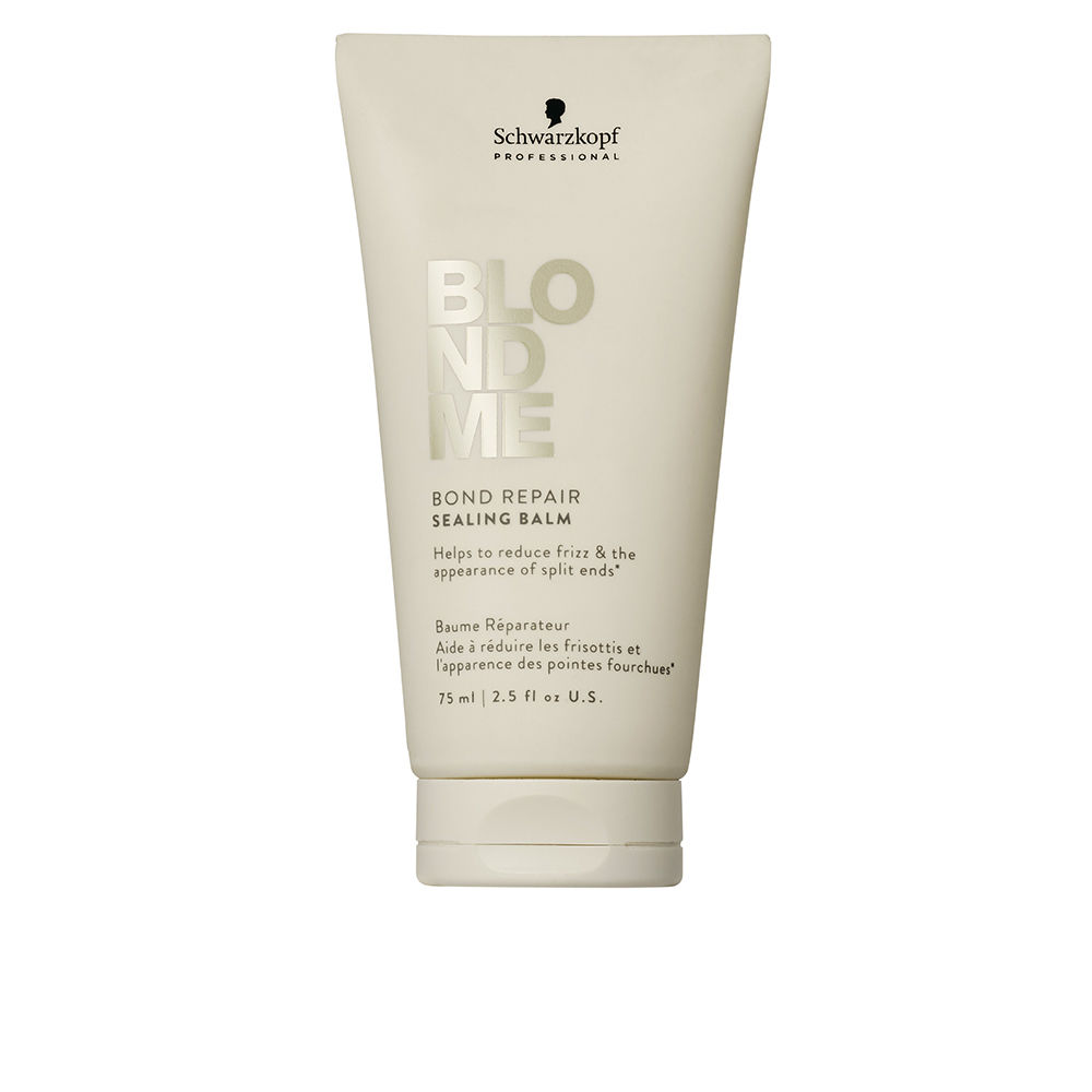 SchwarzkopfBlondmeBondRepairSealingBalm75ml Tube of Schwarzkopf Blondme Bond Repair Sealing Balm, a nourishing balm indicated for frizz control and split ends.