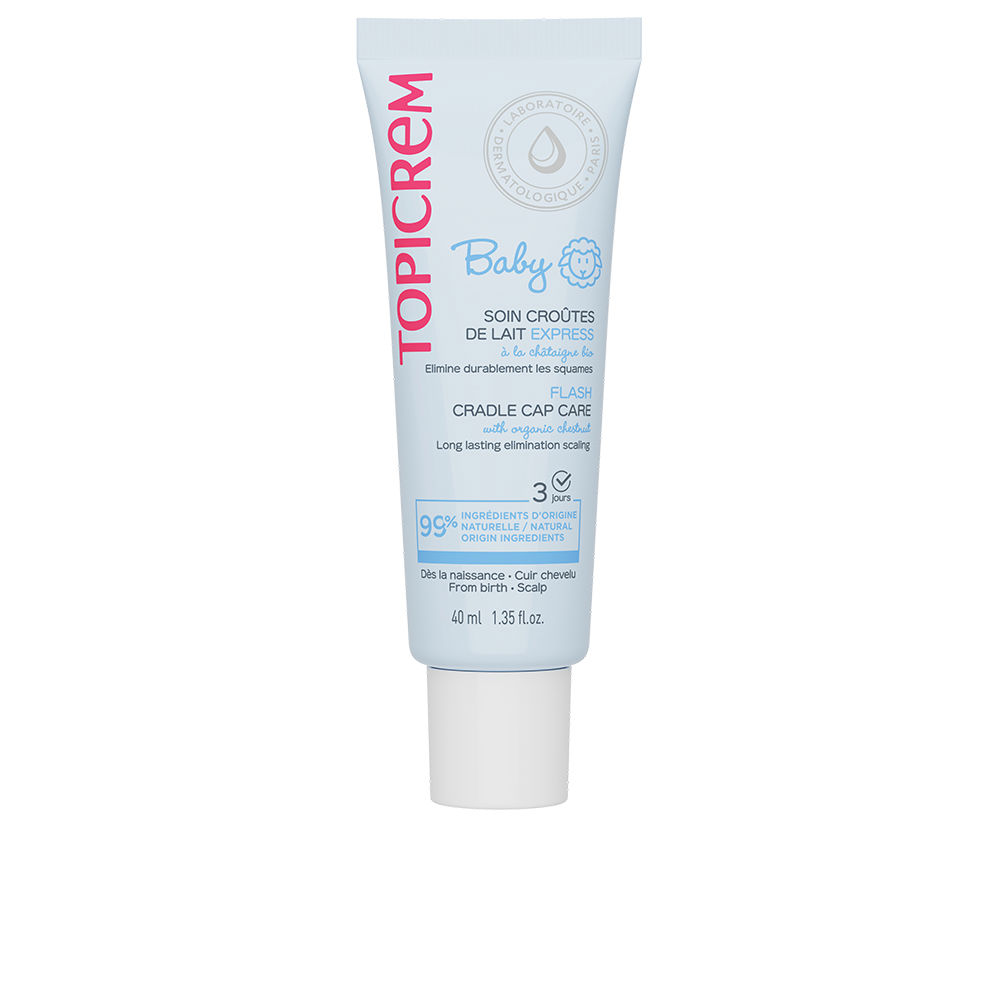 TopicremBabyFlashCradleCapGel30ml Tube of Topicrem Baby Flash Cradle Cap Gel by Topicrem, a milky gel indicated for eliminating baby cradle cap.
