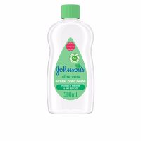 Bottle  of  Johnsons  Baby  Aloe  Vera  Baby  Oil  by  Johnson,  a  body  oil  indicated  for  moisturizing  and  protecting  delicate  baby  skin.