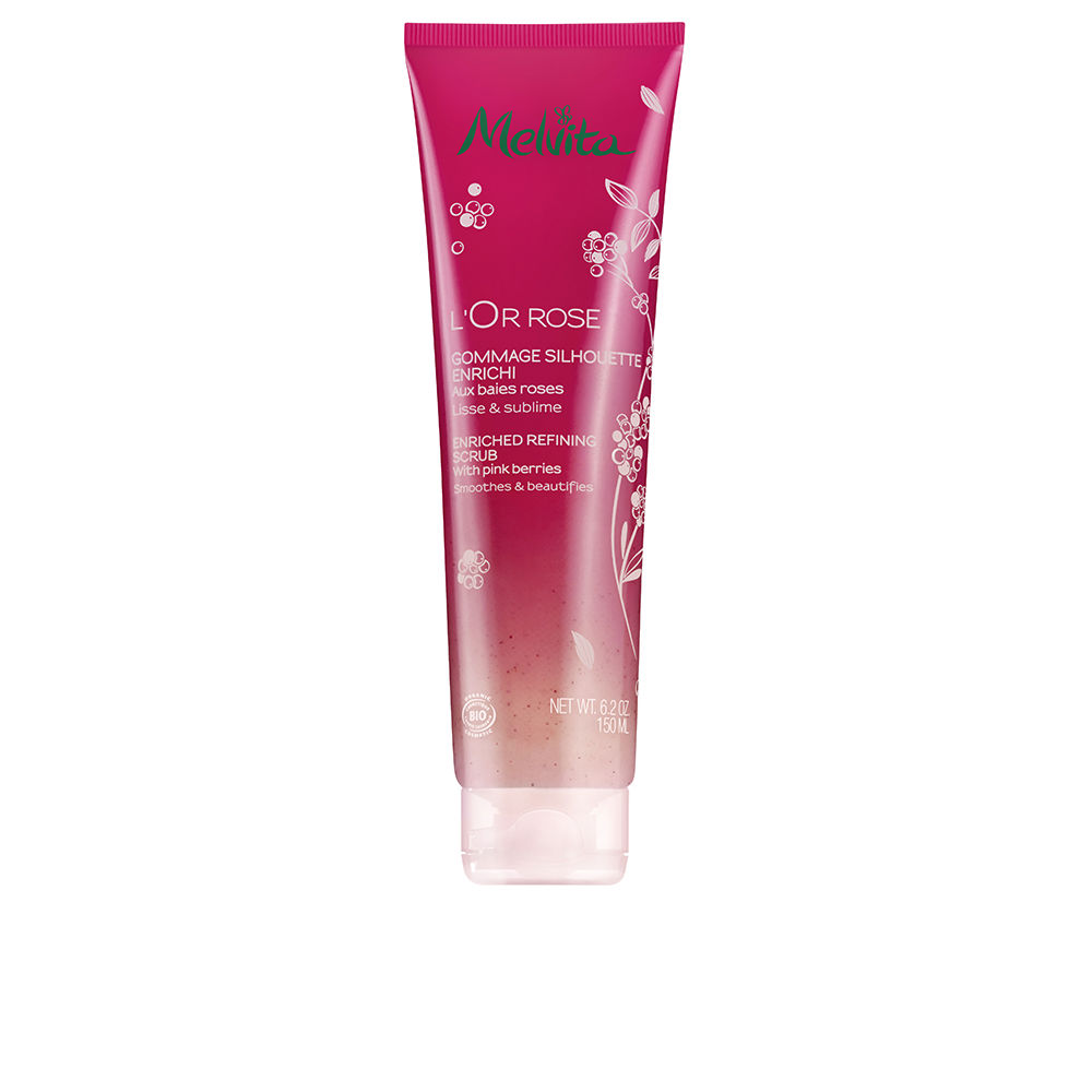 MelvitaL'OrRoseRefiningScrub150ml Product container of Melvita LOr Rose Refining Scrub by Melvita, a jelly scrub indicated for exfoliating and firming the skin.