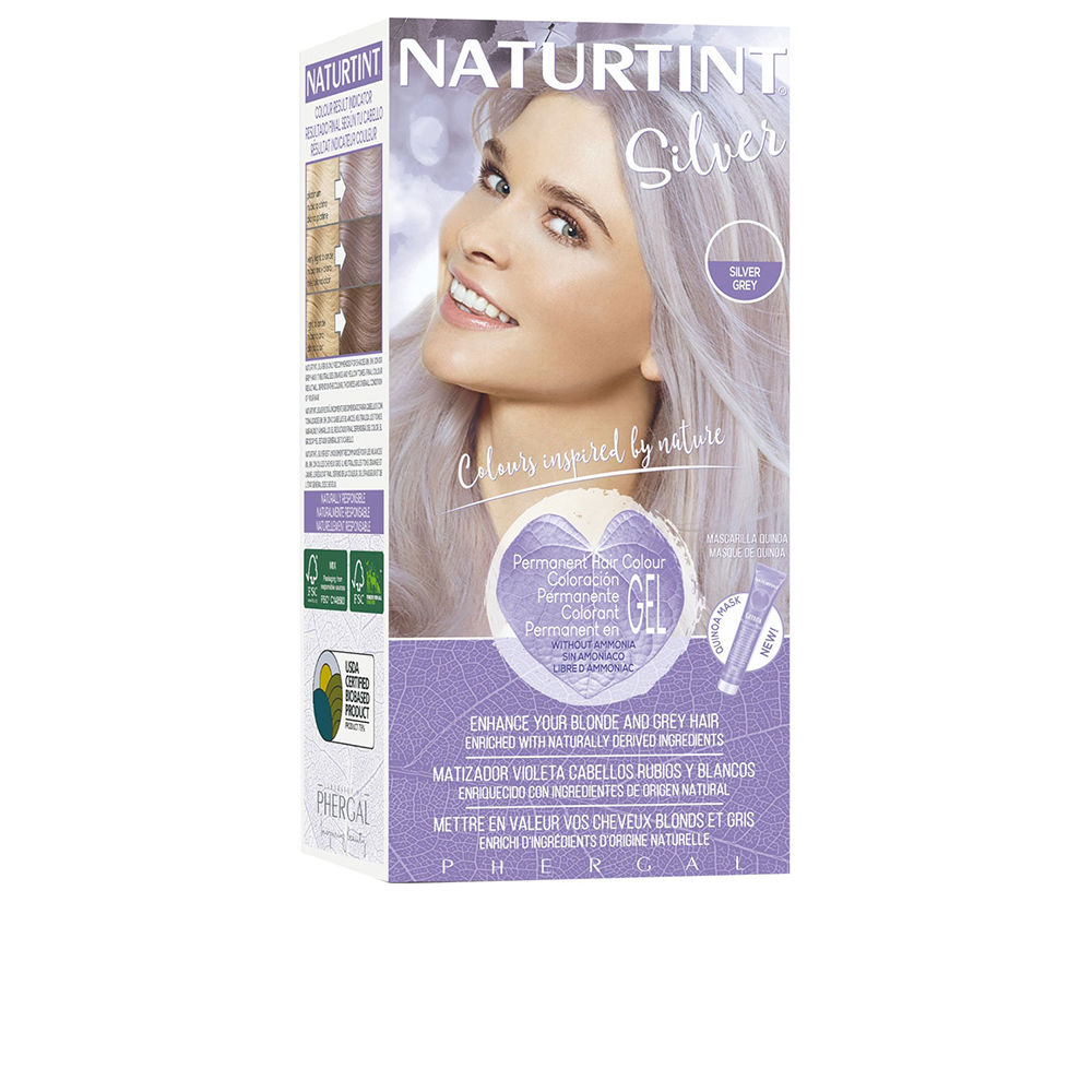 NaturtintSilverPermanentHairColorGelColorSilverGray170ml Product container of Naturtint Silver Permanent Hair Color Gel by Naturtint, a color gel indicated for brightening blonde and white hair.