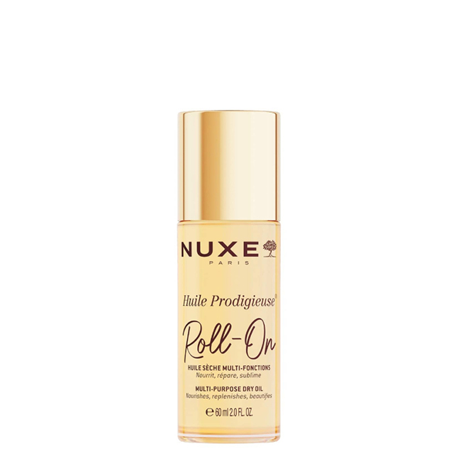 NuxeHuileProdigieuseORMulti-PurposeDryOilRoll-On60ml Product container of Nuxe Huile Prodigieuse OR Multi-Purpose Dry Oil Roll-On by Nuxe, a dry oil indicated for an iridescent golden glow.