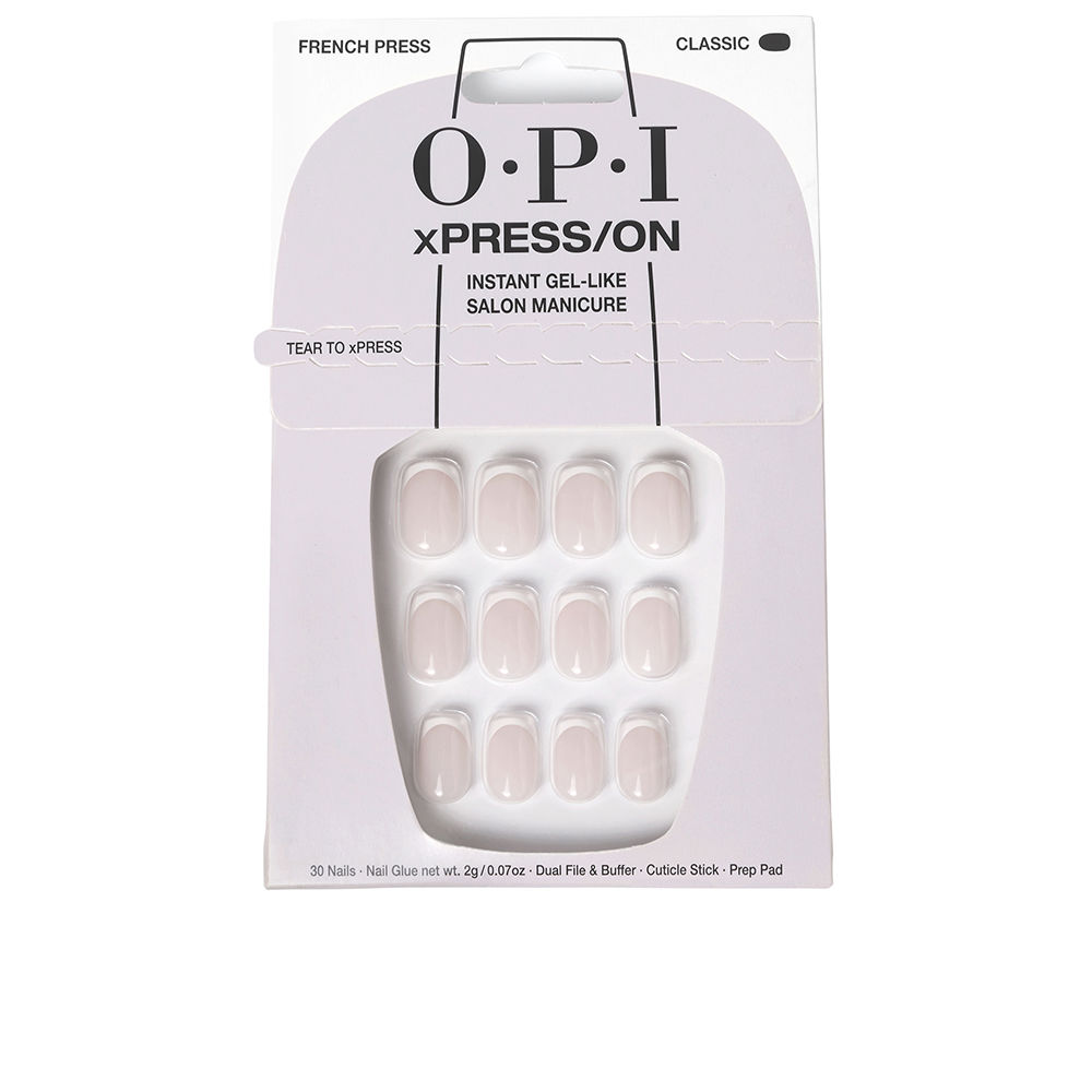 OpixPress/OnFalseGel-LikeNailsColorFrenchManicurex30 Box of Opi xPress/On False Gel-Like Nails Color French Manicure by Opi, a nail tip set indicated for professional manicure.