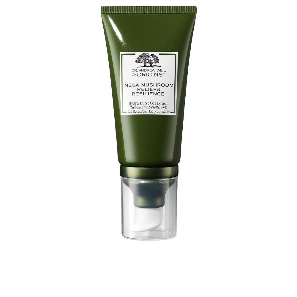 OriginsMegaMushroomHydraBurstGelLotion50ml Product container of Origins Mega Mushroom Hydra Burst Gel Lotion by Origins, a gel-lotion indicated for soothing skin redness.