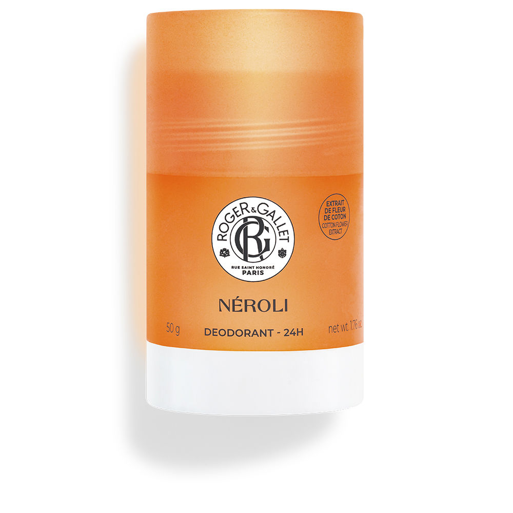 Roger&GalletNéroliSolidDeodorant50g Product container of Roger & Gallet Néroli Solid Deodorant, a solid stick indicated for 24h skin protection and odor reduction.