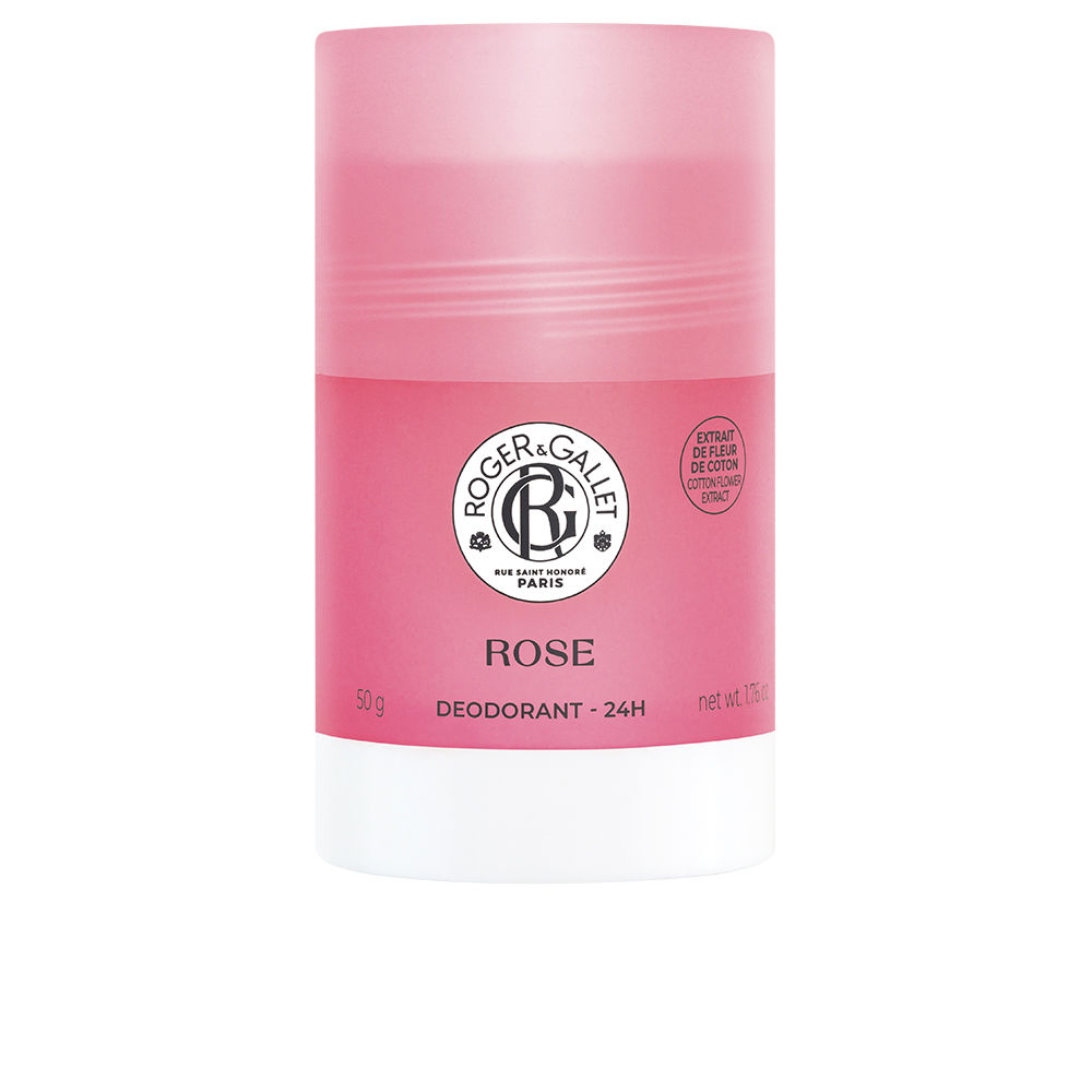 Roger&GalletRoseSolidDeodorant50g Product container of Roger & Gallet Rose Solid Deodorant, a solid stick indicated for 24h skin protection and odor reduction.