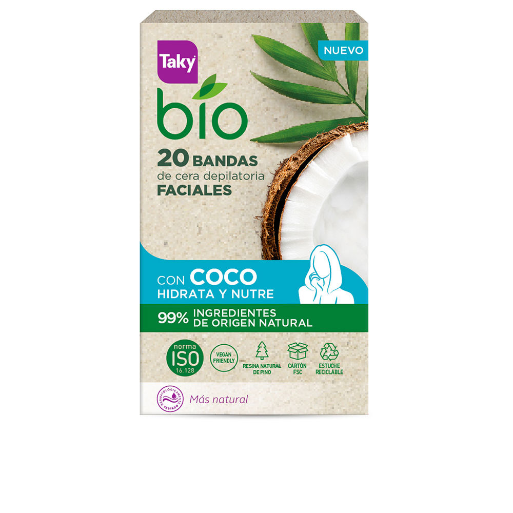 TakyBioCoconutDepilatoryFacialWaxStripsx20 Box of Taky Bio Coconut Depilatory Facial Wax Strips, wax strips indicated for removing facial hair from the root.
