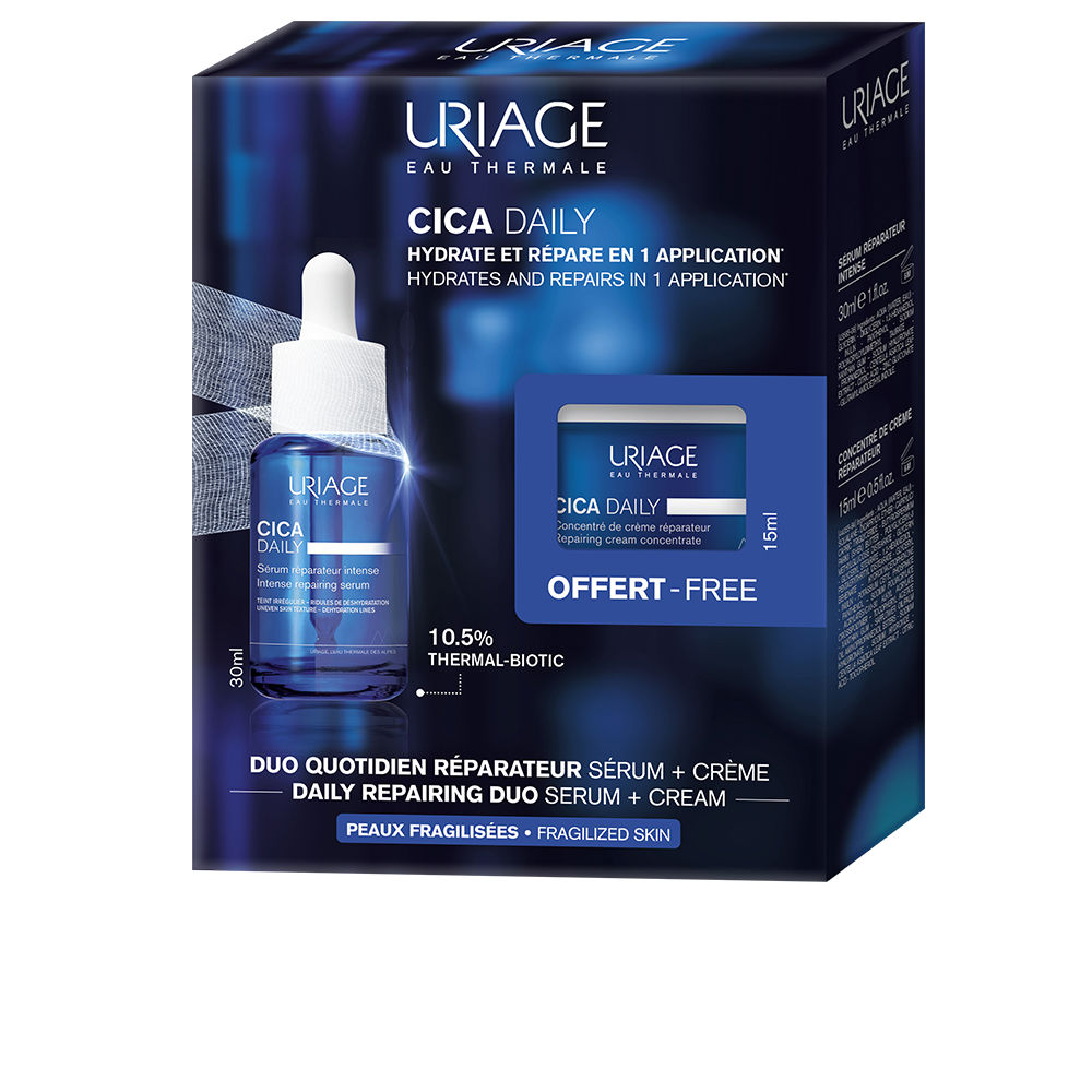 UriageCicaDailyIntensiveRepairSerumSet Box of Uriage Cica Daily Intensive Repair Serum Set by Uriage, a serum and cream set indicated for repairing fragilized skin.