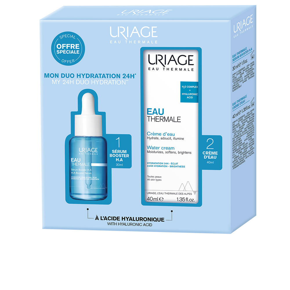 UriageEauThermaleBoosterSerumSet Box of Uriage Eau Thermale Booster Serum Set by Uriage, a serum and cream set indicated for skin hydration and plumping.