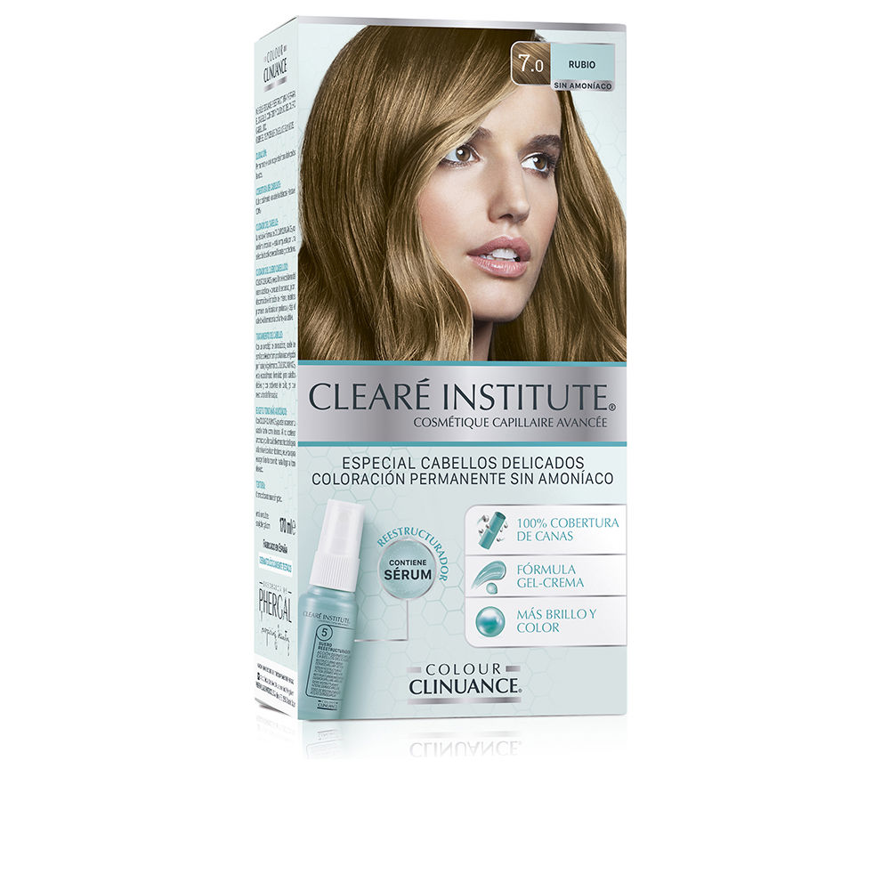 ClearéInstituteColourClinuanceDelicateHairColor7.0Blonde Box of Colour Clinuance Delicate Hair Color 7.0 Blonde by Clearé Institute, a permanent color indicated for gray hair coverage.