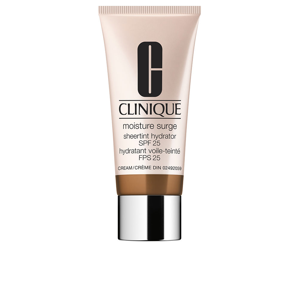 CliniqueMoistureSurgeSPF25SheertintHydratorColor05MediumDeep40ml Bottle of Moisture Surge SPF25 Sheertint Hydrator by Clinique, a cream indicated for skin hydration and UV protection.