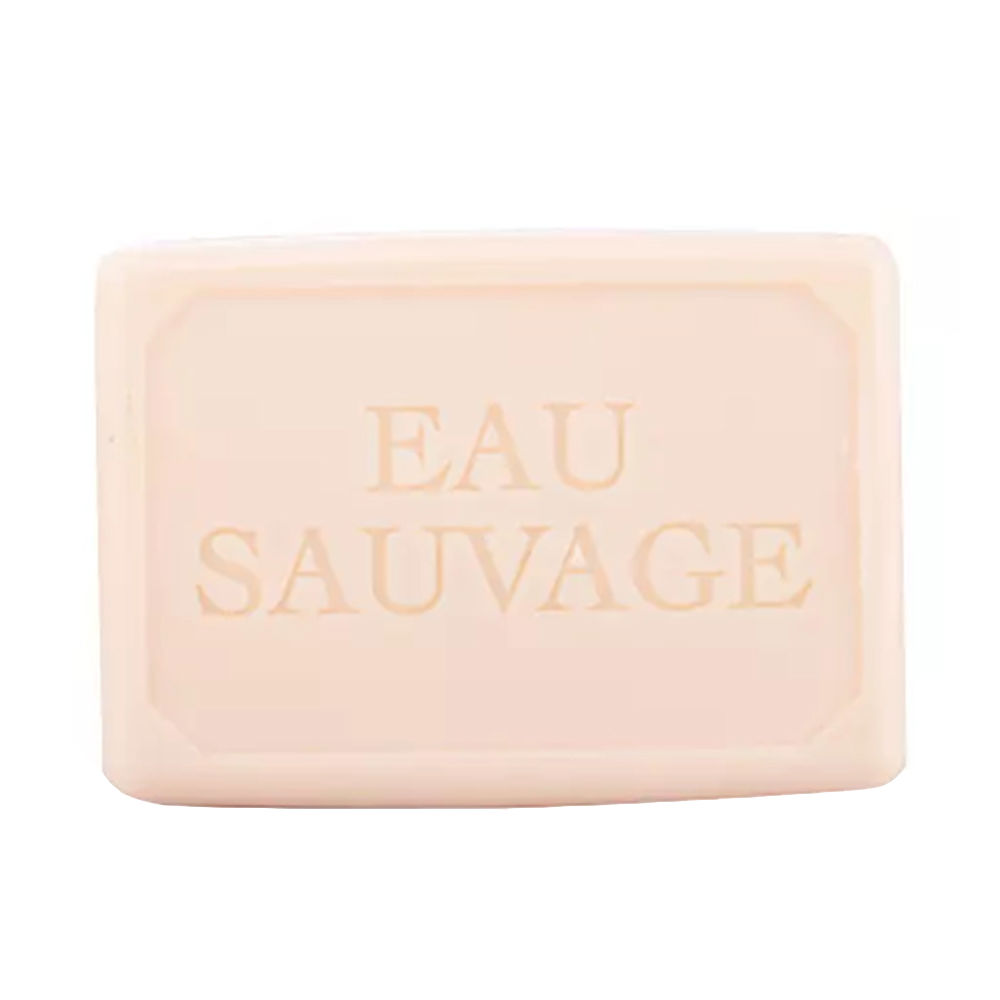 DiorEauSauvageSoap150g Product container of Eau Sauvage Soap by Dior, a perfumed solid soap indicated for deeply cleansing the body and hands.