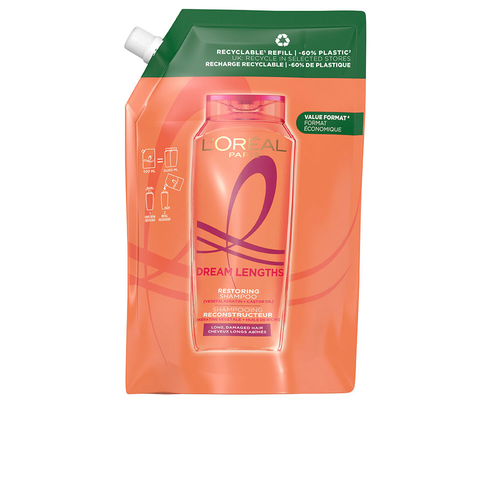 L'OréalElviveDreamLongReconstructiveShampooRefill500ml Bottle of LOreal Elvive Dream Long Reconstructive Shampoo Refill by LOreal, a shampoo for repairing hair and split ends.