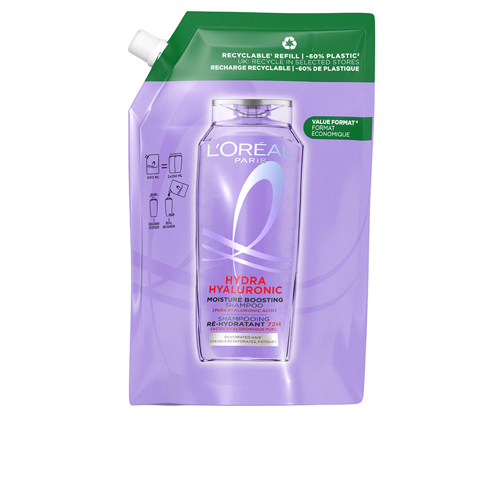 L'OréalElviveHydraHyaluronic72HHydrationShampooRefill500ml Bottle of LOreal Elvive Hydra Hyaluronic 72H Hydration Shampoo Refill by LOreal, a shampoo for hydrating dehydrated hair.